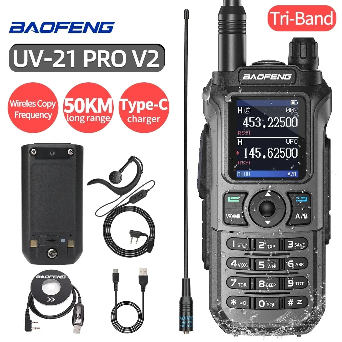 Baofeng UV-21 Pro  Walkie Talkie Wireless Copy Frequency 999CH Tri-Band Charger TYPE-C Long Range NOAA FOR UV-5R Ham Radio