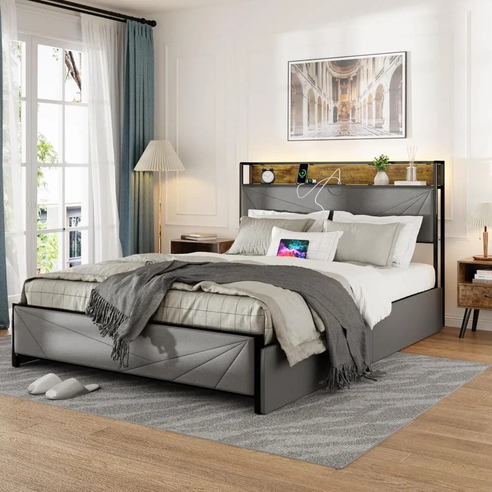 Bed Frame with Storage Headboard & 4 Drawers, Grey Bed Frame with LED Lights & Charging Station, Sturdy Metal Platform & Slat