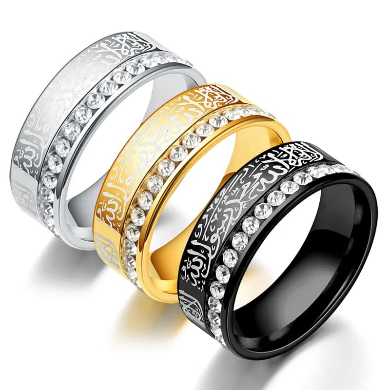 Luxury Arabic Islamic Muslim Allah Iced Out CZ Charm Ring Black/Gold Color Stainless Steel Rings for Women Men Religious Jewelry
