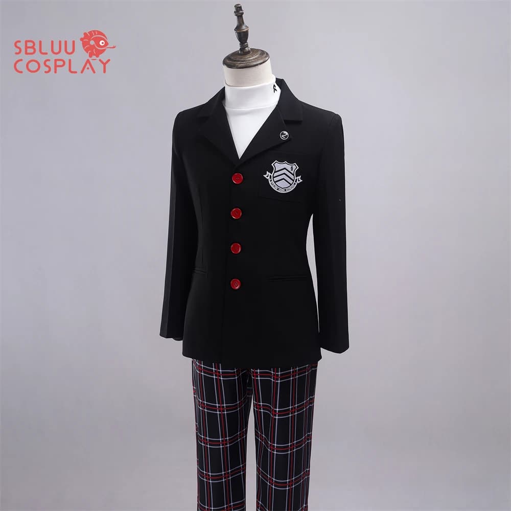 SBluuCosplay P5 Game Amamiya Ren Cosplay Costume Joker School Uniform Embroidery Suit Pants Brooch Daily Wear Unisex Halloween