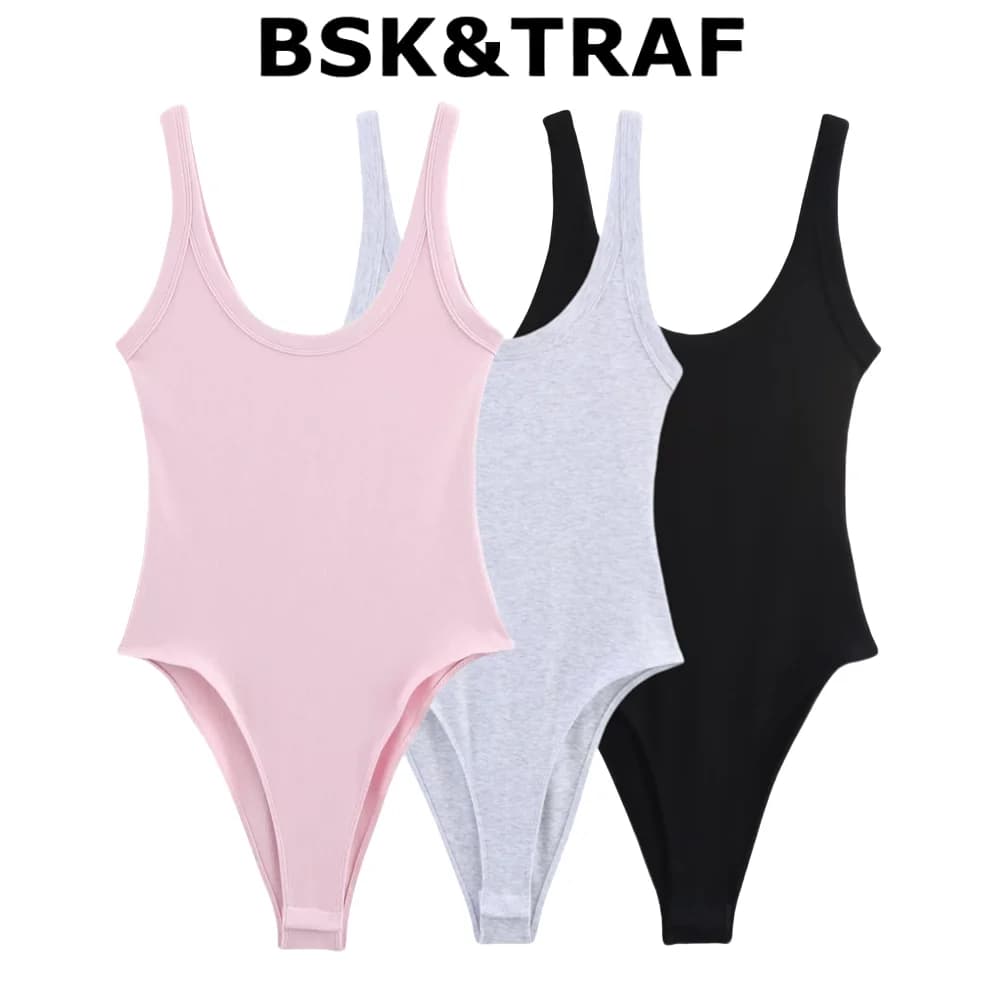 BSK&TRAF Summer Blended Rib Square Neck Shoulder Strap Jumpsuit 2025 New Women's Fashion Slim Solid Color Top