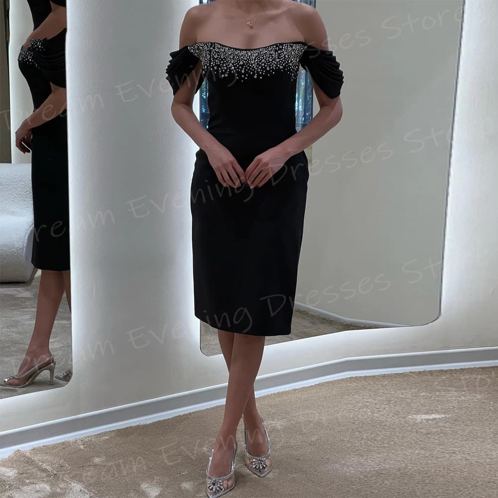 Popular Sexy Black Mermaid Elegant Women's Evening Dresses Modern Off The Shoulder Sleeveless Prom Gowns Beaded Vestido De Noche