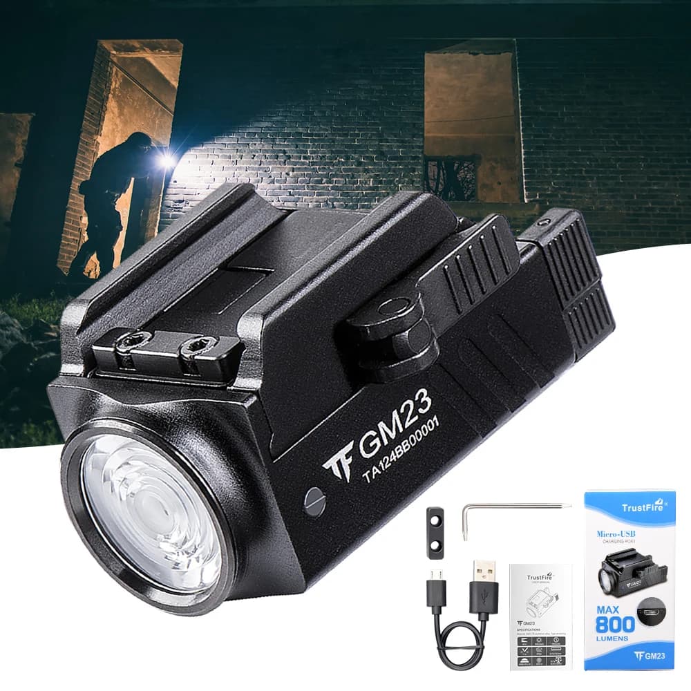 TrustFire GM23 Tactical LED Flashlight 800 Lumens GL0ck Light Rail Mounted USB Rechargeable Torch