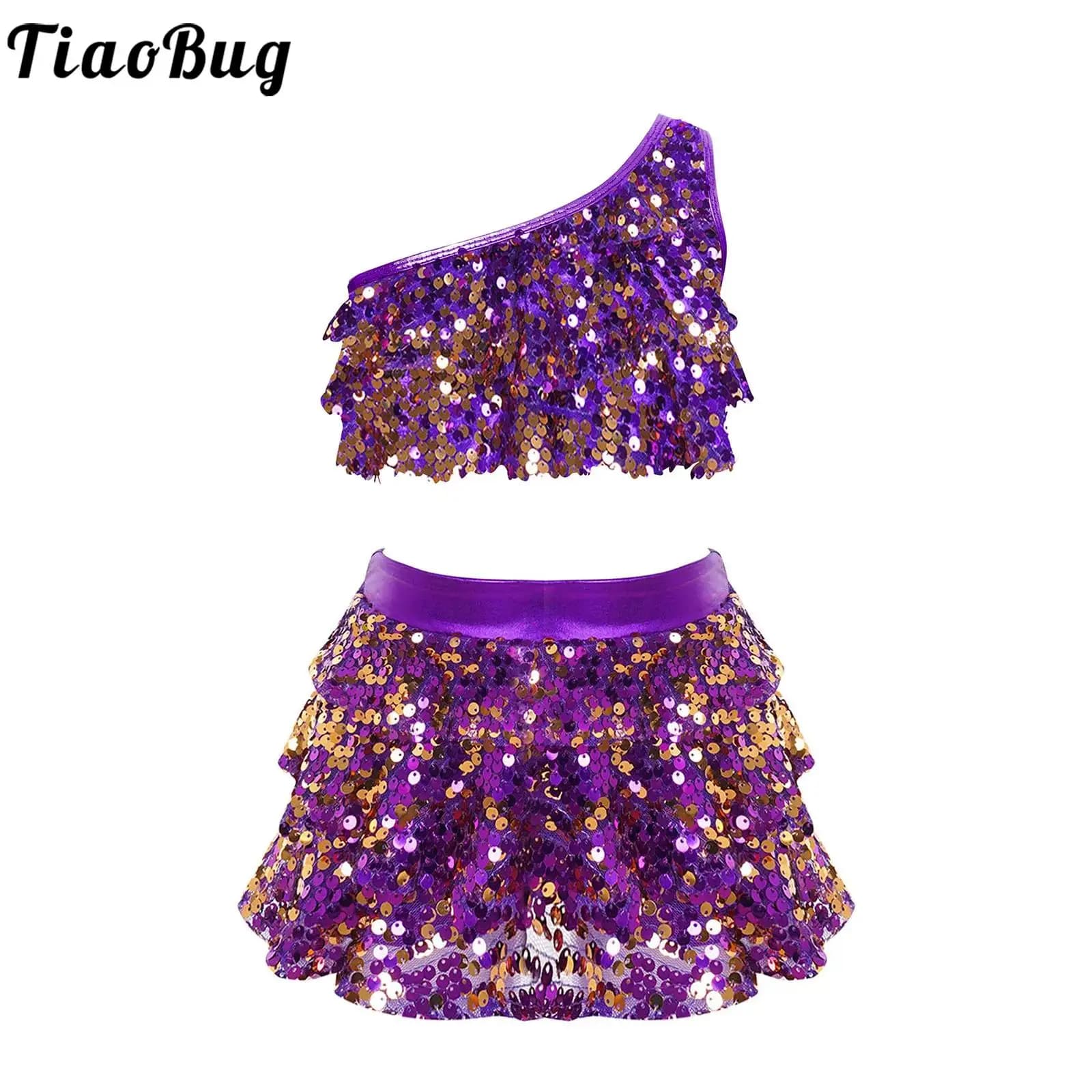 Kids Girls Latin Jazz Dance Costume Outfits Shiny Sequin Crop Top and Culottes Set Theme Party Dancing Stage Performance Costume
