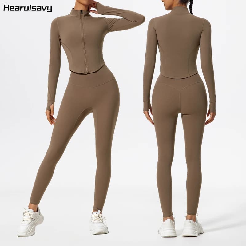 Hearuisavy Ultra-Soft Fabrics 2Pcs Long Sleeve Gym Set Women Quick-Dry Yoga Clothes Workout Leggings Suit Sports Jackets Women
