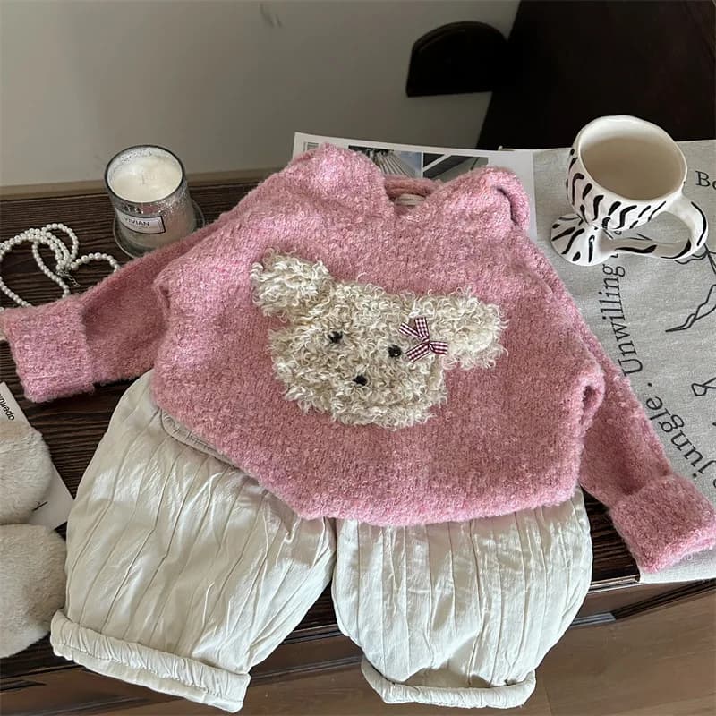 Girls Suit 2024 Winter New Childrens Wear Korean Style Baby Girl Plush Dog Sweater Beige Thick Pants Two-piece Casual Simple