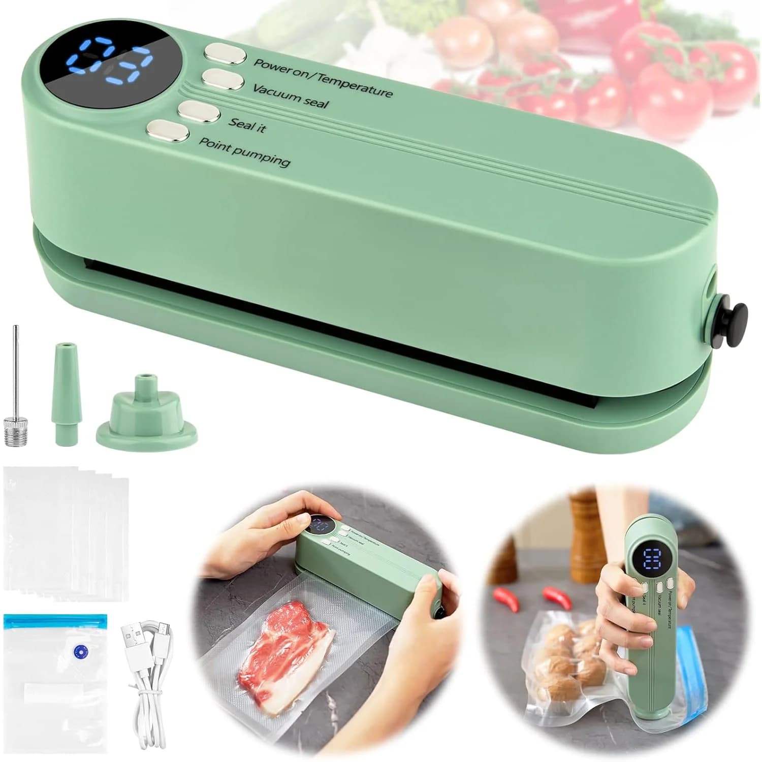 Mini Vacuum Sealer with USB-Rechargeable Portable Wireless ，Dry/Moist Food Preservation with Bags & Pump for Compact Storage