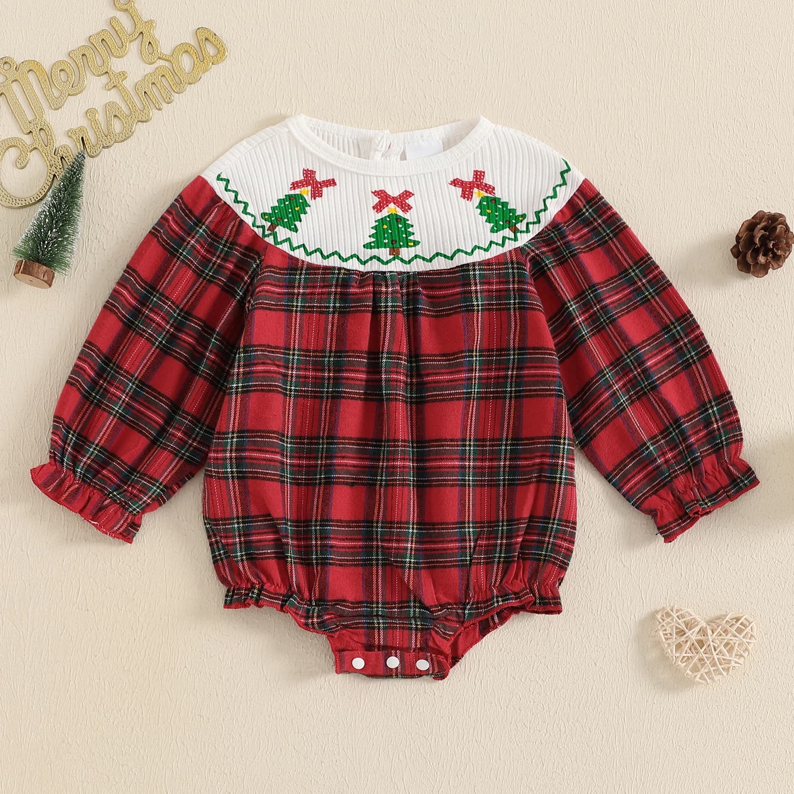BeQeuewll Newborn Baby Girl Christmas Romper Sweet Style Plaid Print Long Sleeve Infant Bubble Jumpsuit Fall Spring Kids Clothes