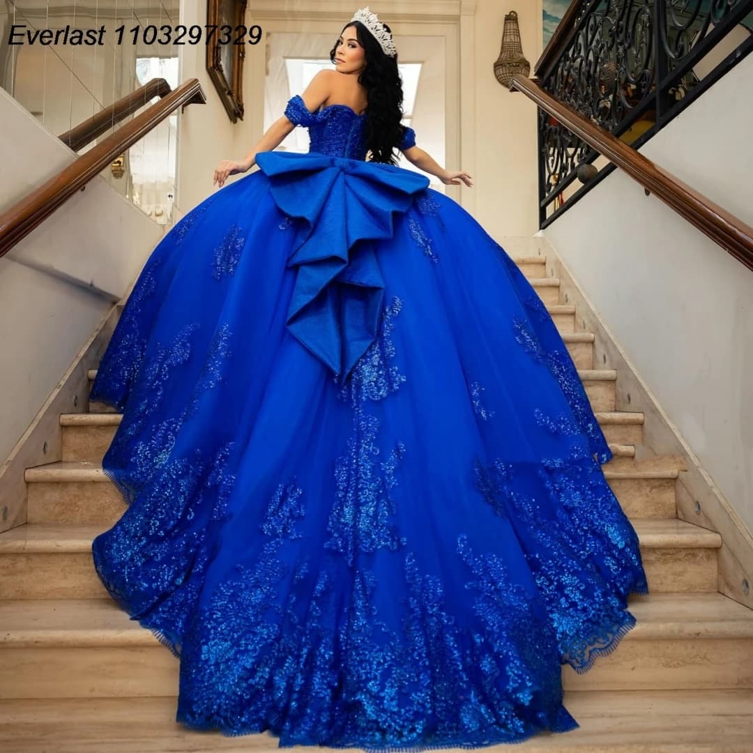 EVLAST Customized Glitter Royal Blue Quinceanera Dress Ball Gown Sequins Applique Beaded Bow Sweet 16 Vestidos De 15 Anos TQD785