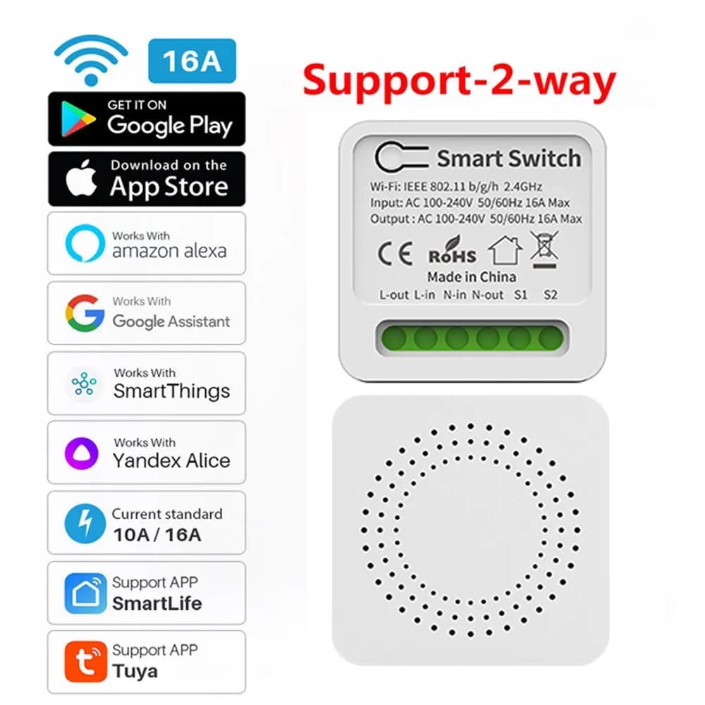 Tuya 16A Mini Wifi Smart Switch Light On Off Breaker 2 Way Module Wireless Remote Voice Timing App For Google Home Alexa