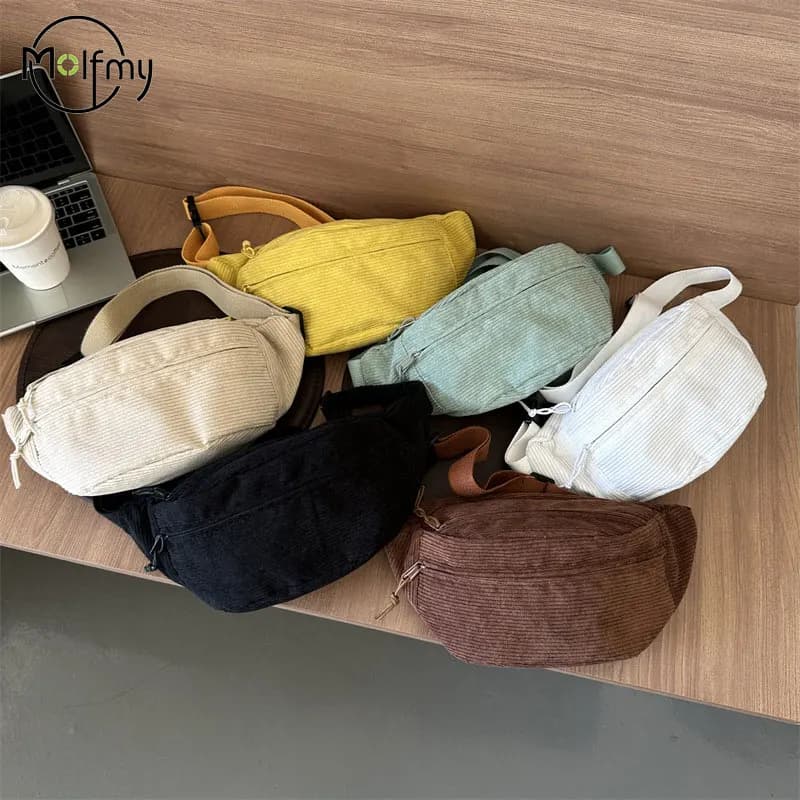 Women Waist Bag Corduroy Student Shoulder Handbag Crossbody Chest Breast Bag Fanny Pack Fashion Phone Female Bum Belt Purse 2024