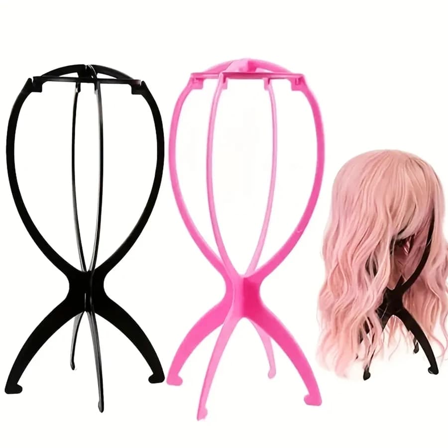 3 Pack 13.8IN Portable Collapsible Wig Stand Holder for Multiple Wigs Black And Pink Durable Wig Stands for Women