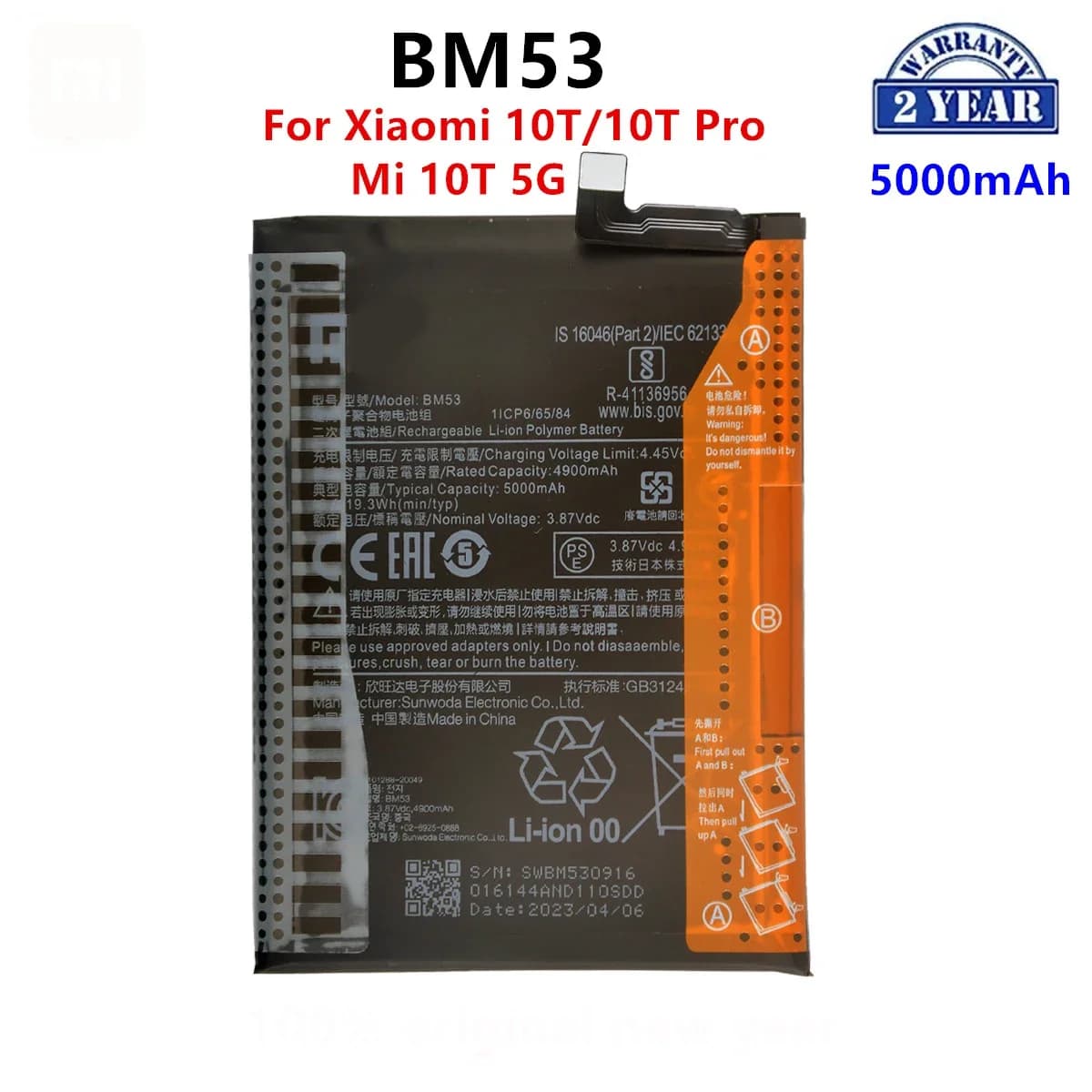 100% Orginal BM53 5000mAh Battery For Xiaomi 10T/10T Pro/ Mi 10T 5G  Phone Replacement Batteries