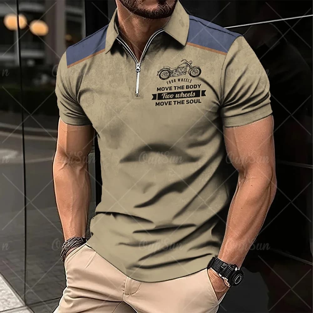 2024 Vintage Summer Short Sleeve Polo Shirt Men Half Zip Up Lapel Classic Motorcycle Graphic Men Polo Shirts Oversize Streetwear