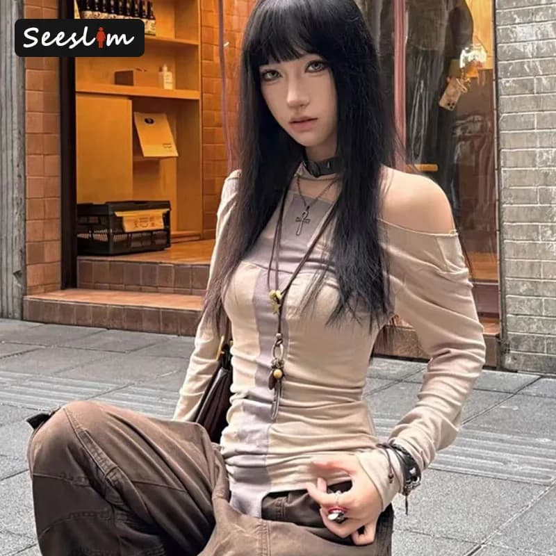 Seeslim Women's T-shirt 2000s Clothes Y2k Tees Female Long Sleeve Off Shoulder Korean Fashion Skinny Hotsweet Autumn Tops Slim
