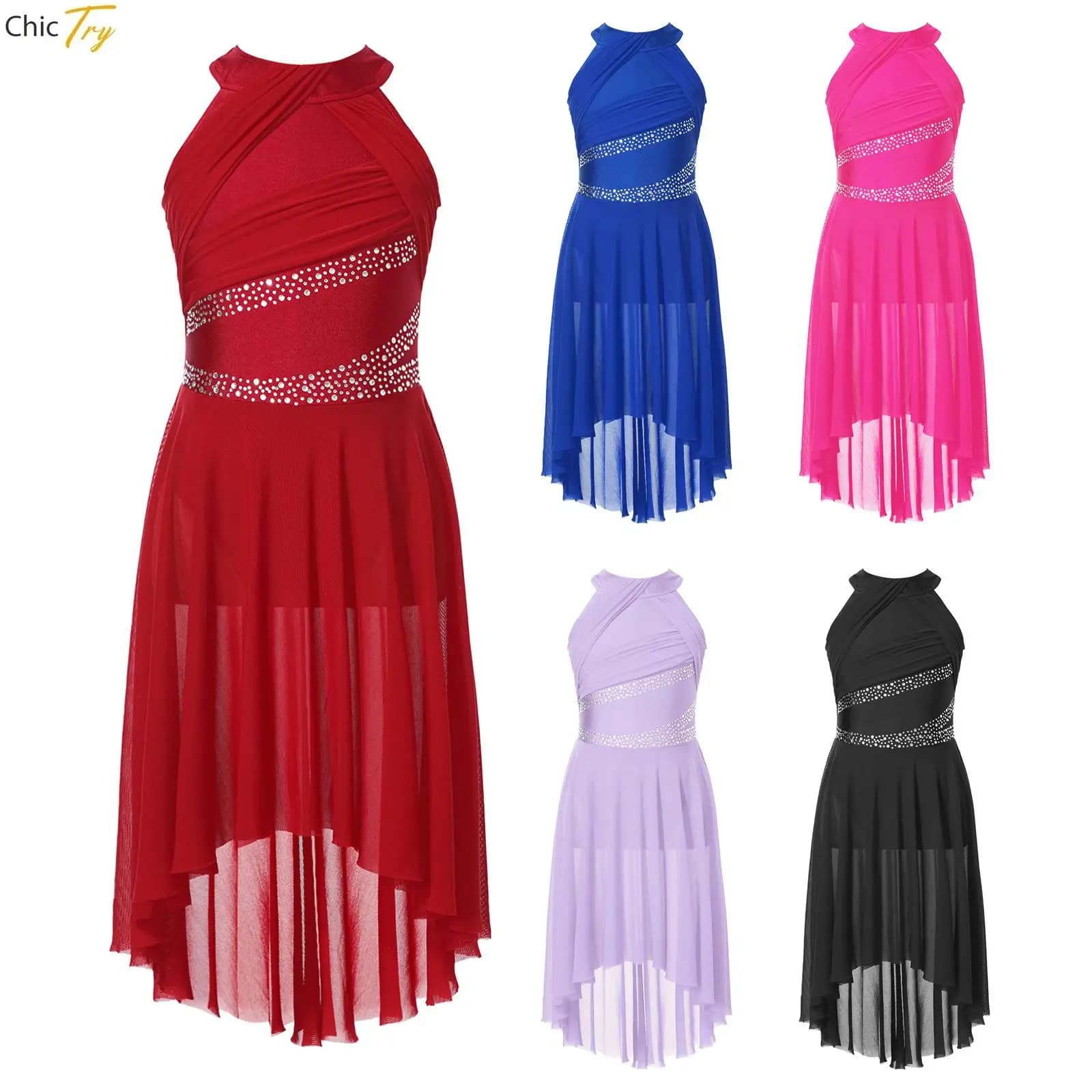 Kid Girl's Sparkly Rhinestone Ballet Lyrical Dress Gymnatics Figure Skating Costume Irregular Hem Ballerina Tutu Dress Dancewear