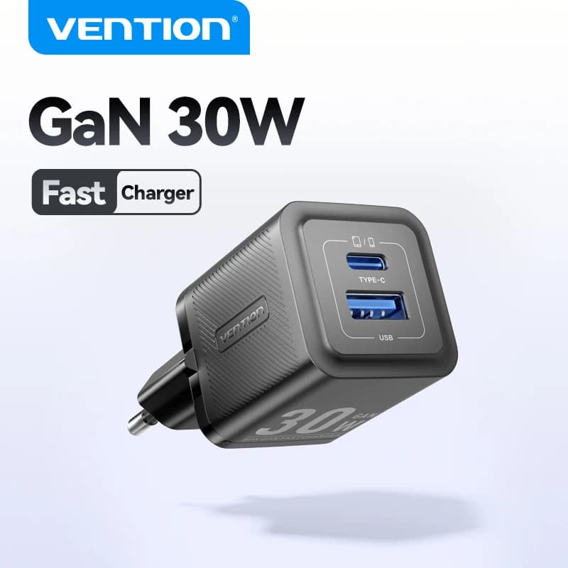 Vention GaN 30W Fast Charger for iPhone 16 15 14 13 12 PD3.0 Charger for iPad Pro Xiaomi Samsung USB Type C Mobile Phone Charger