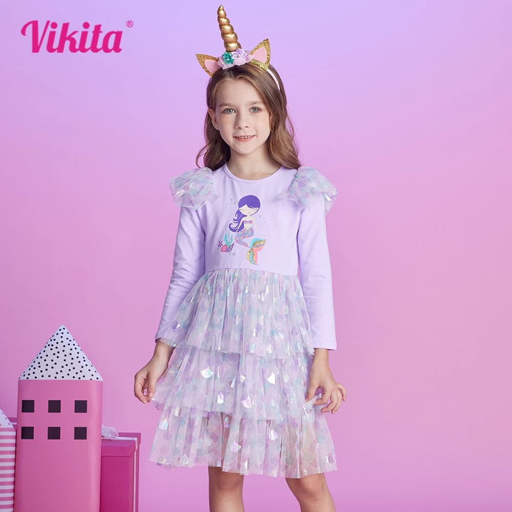 VIKITA Kids Princess Dress Girls Mermaid Print Cartoon Vestidos Layered Mesh Tulle Birthday Party Performance Elegant Dresses