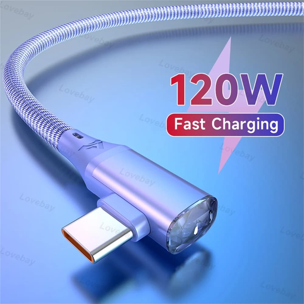 120W USB Type C Cable Super Fast Charging 180° USB C to C USB Cable Quick Charge For iphone 15 Huawei Samsung Game Data Cable 2M