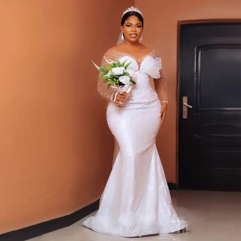Luxurious Beaded Mermaid Wedding Dresses for Women Sheer Neck Long Sleeve Bridal Gown Plus Size Sequin Robe De Mariage