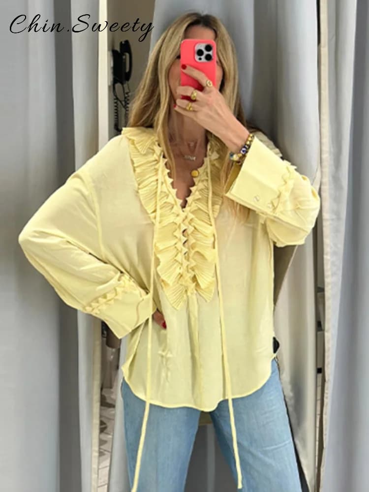 Elegant Hollow Out Ruffles Shirt Skirts Sets Women Loose Lace Up V-neck Full Sleeve Top Pleated Skirt 2025 Spring Lady Chic Suit
