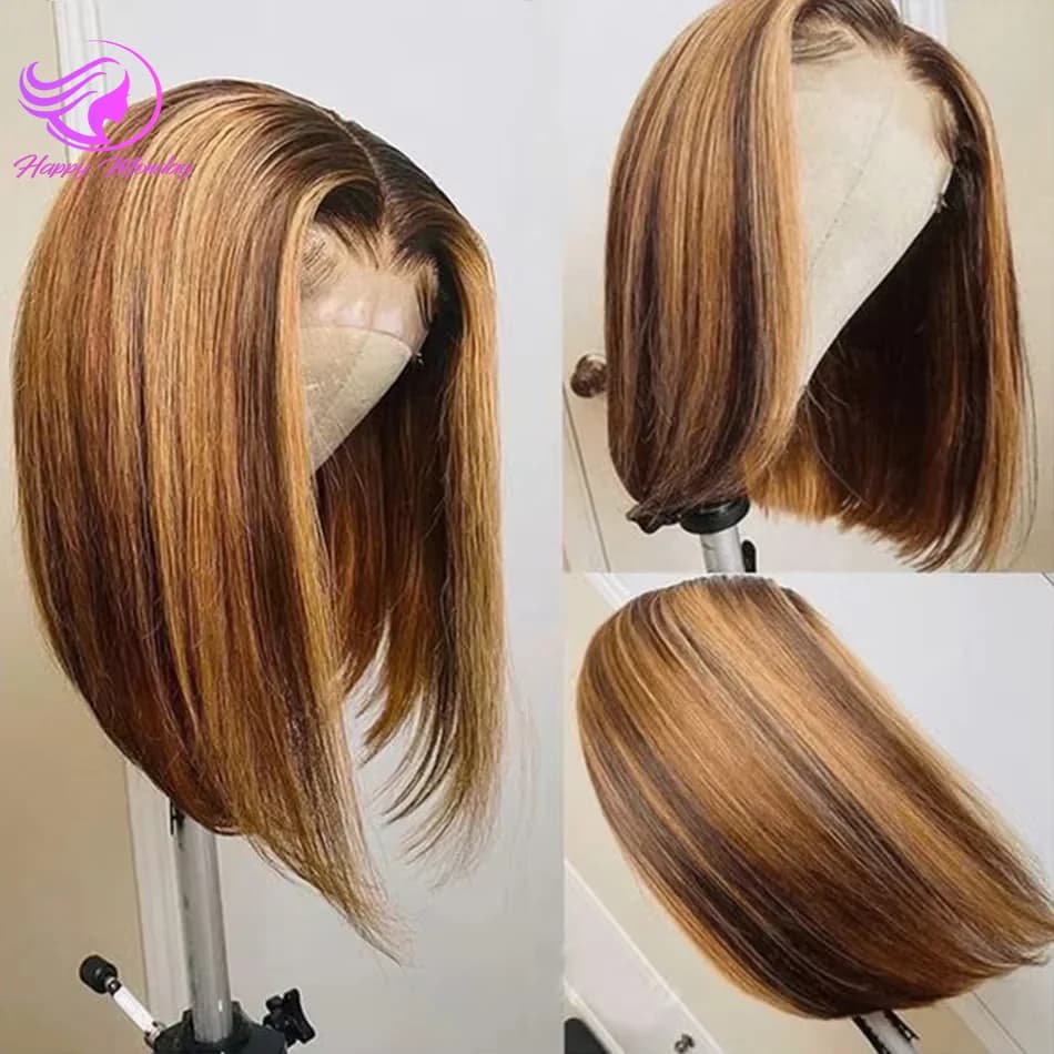 Highlight P4/27 Peruvian Remy Hair Short Bob Ombre Human Hair Wigs Blond Wig Straight Bob Wig Wear And Go Glueless Wig Human