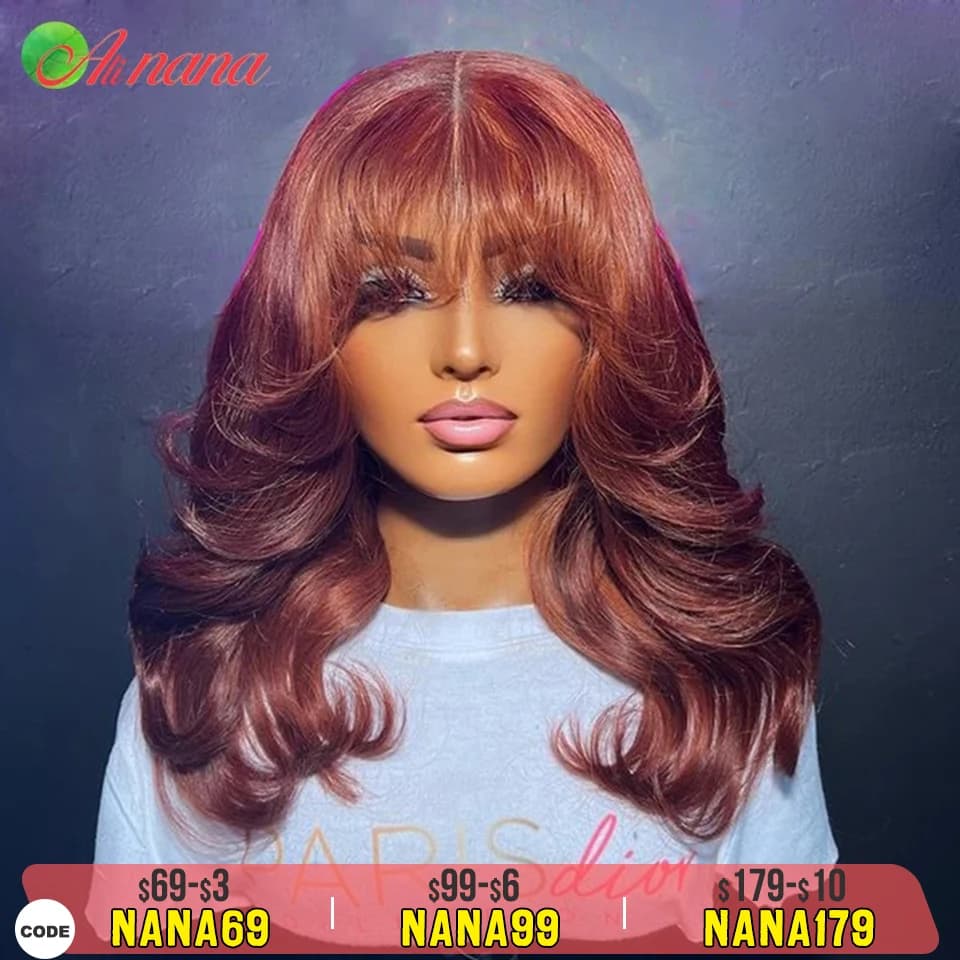 Reddish Brown Colored Body Wave With Bangs 13x6 Lace Frontal Wig Brazilian Remy Human Hair Wig For Women 5x7 Lace Closure Wigs