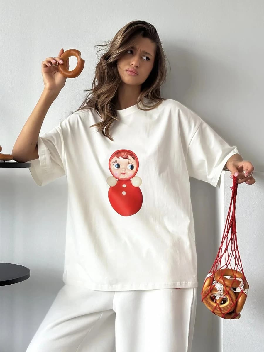 Sunuyoo Summer New 100% Cotton Cartoon Printed T-Shirt  Women's Fashionable O-Neck Loose Short Sleeved Female Casual Cute Top