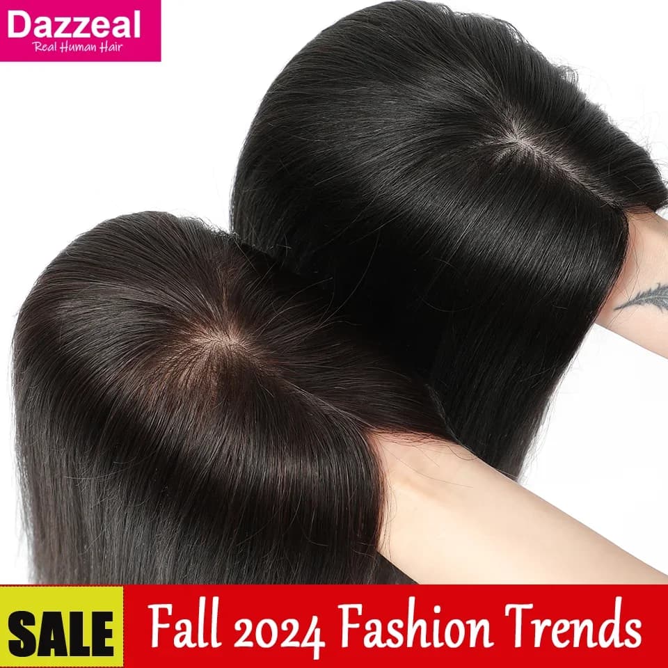 Dazzeal Real Human Hair Toppers For Women Straight 100% Human Hair Clips on Wigs With Bangs Lace Topper Hairpiece 360°Cover Top