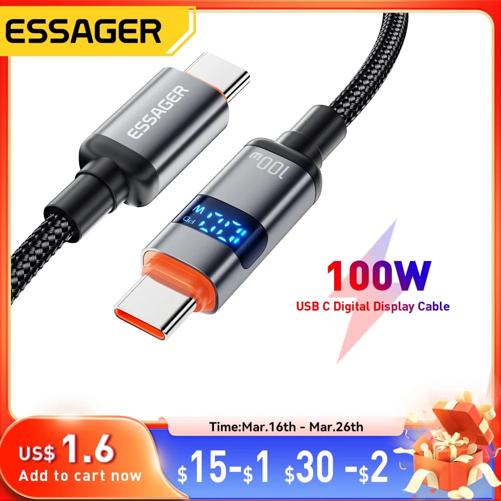 Essager 100W USB C to Type C Digital Display Cable Fast Charging 5A Type C to Type C Cable For MacBook pro Xiaomi Huawei Samsung