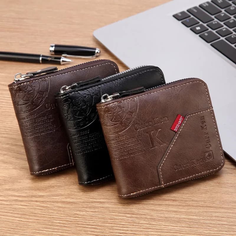 Men’s PU Waxed Oil Leather Wallet – Short Bifold Coin Purse with All-Around Zipper for Cash & Cards