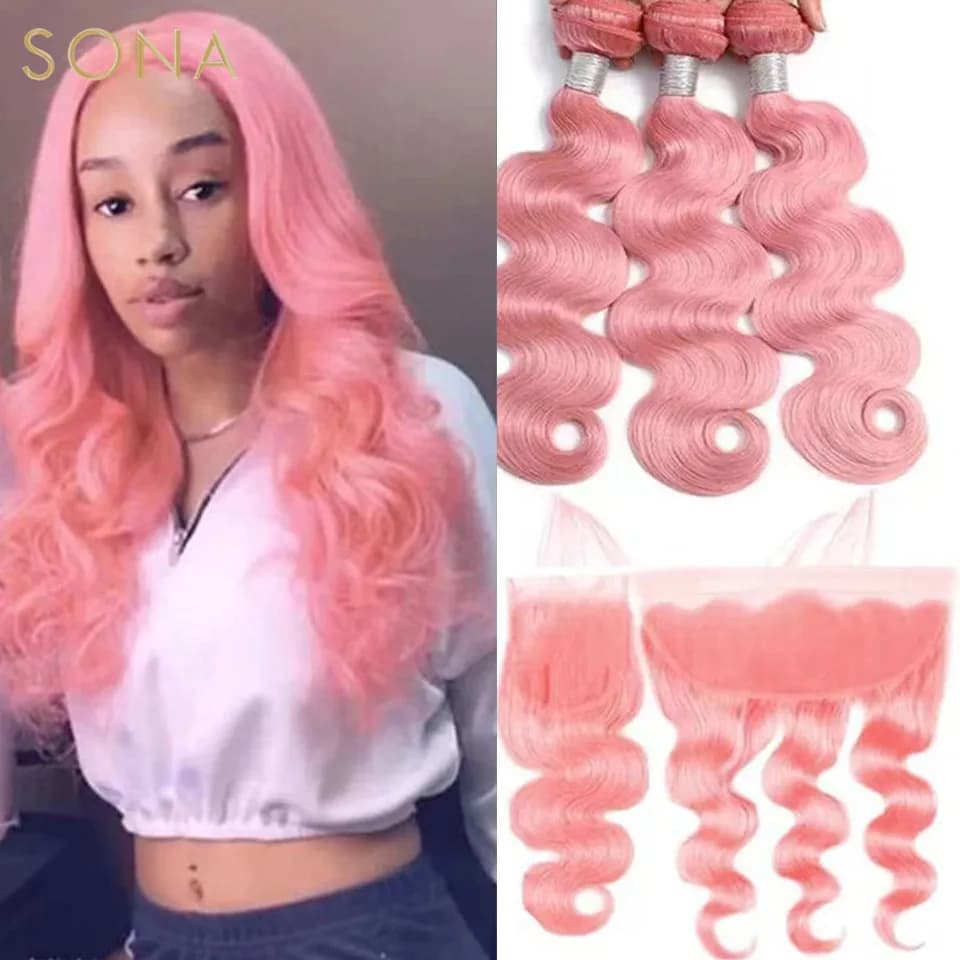 Light Pink Colored Hair Weave Bundles With 4X4  Closure Brazilian Remy Body Wave Pink Hair Extensions Weft For Women 3Pcs/Lot