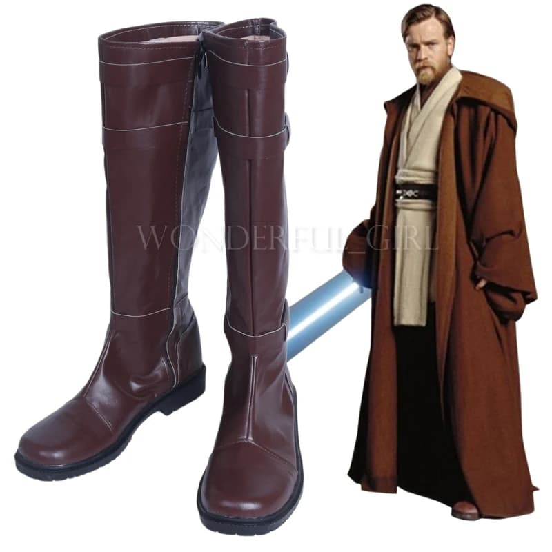 New Jedi Obi Wan Cosplay Shoes PU Leather Boots Knee High Brown Zipper-up Size 35-48