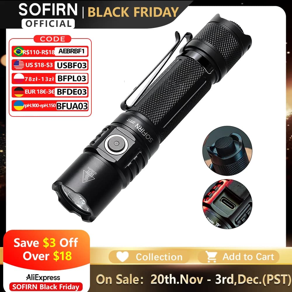 Sofirn SP35T 3800lm Tactical 21700 Flashlight Powerful LED Light USB C Rechargeable Torch with Dual Switch Power Indicator ATR