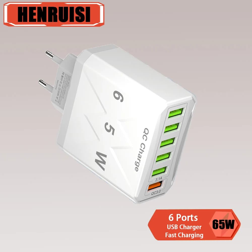 65W 6 Ports USB Fast Charger EU/US/UK Plug Quick Charge 3.0 For iPhone 14 13 Xiaomi Samsung Redmi K60 Travel Mobile Wall Charger