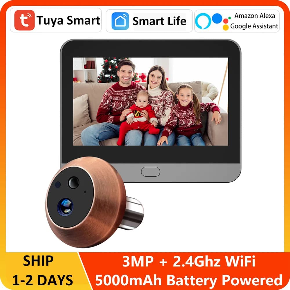 3MP Mini Alexa Google Smart Battery Tuya Video Peephole Wireless WIFI Digital Magic Eye Door Viewer Camera with 4.3 Inch Monitor