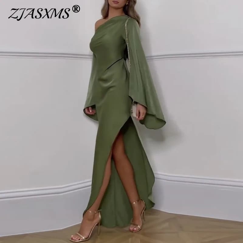 Sexy Oblique Shoulder Solid Irregular Dress Women Elegant Skew Collar Backless Long Dress Autumn Flare Sleeve Slit Party Dresses
