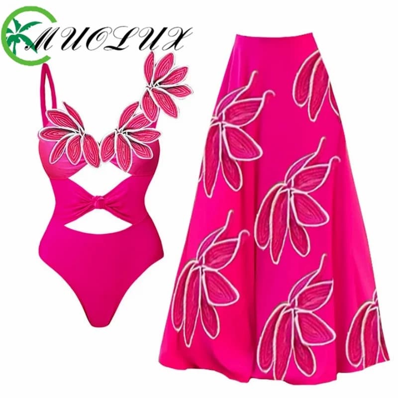 2024 Women's Swimsuit Summer Petal Decoration Fluorescent Color One-piece Swimsuit Hollowed Out Bikini Long Skirt Two-piece Set