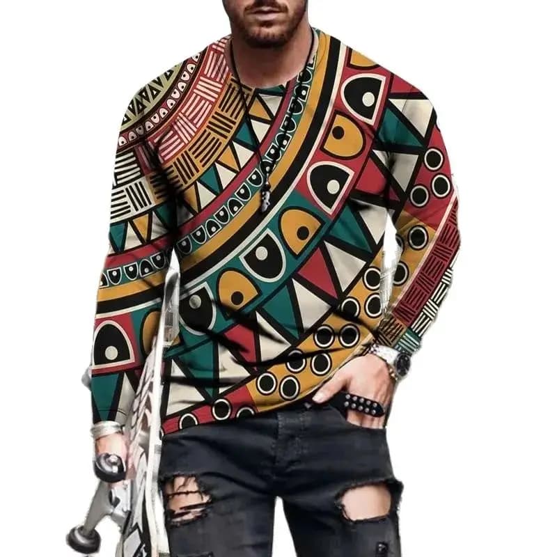 Men's Spring And Autumn Fashion Retro Classic Creative Pattern 3d Printed O Collar Long Sleeve Loose Personality Street Top