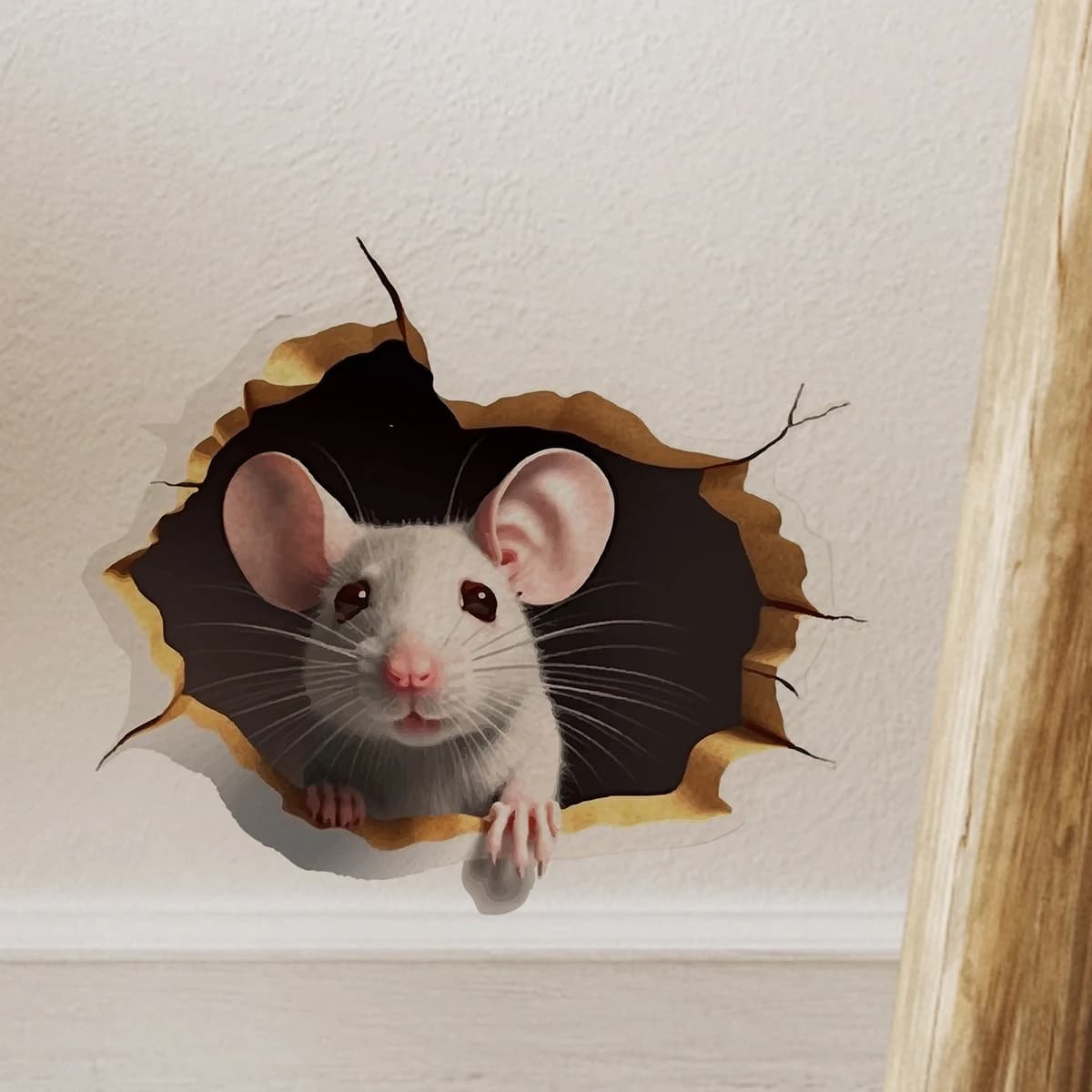 1PC 3D effect personalized mouse hole sticker reading white mouse flower branch mouse cute animal random sticker home decoration