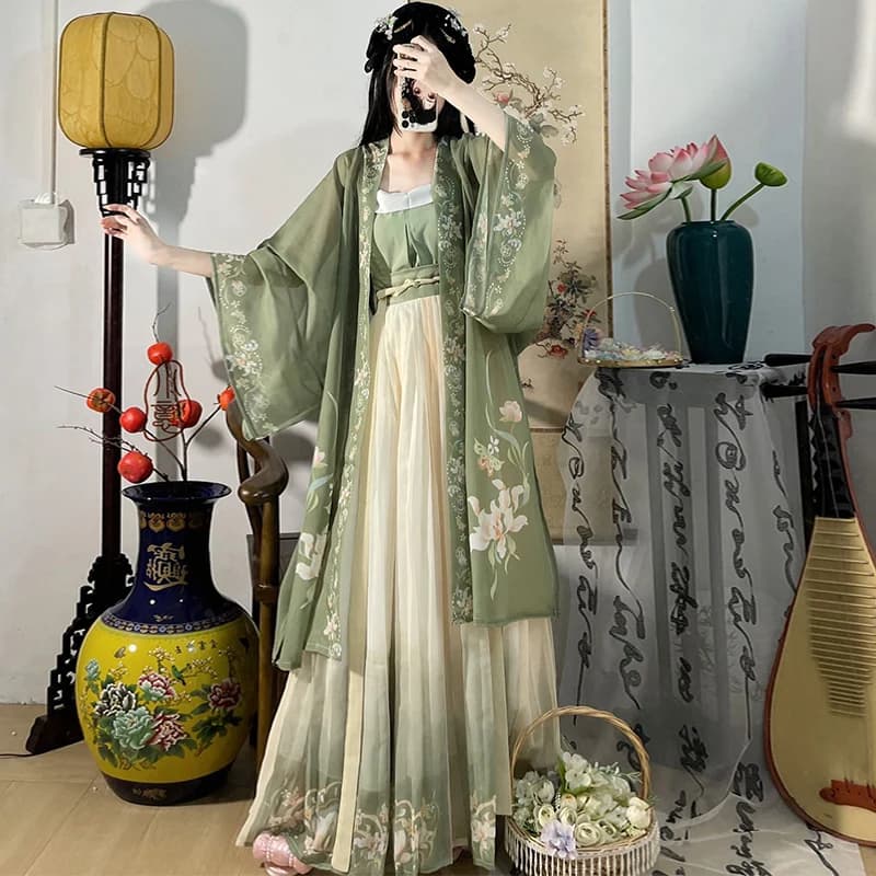 Chinese Hanfu Dress 3PCS Set Tea Green Flowing Maxi Dress Chinese Ancient Women Embroidery Dress Costume For Shooting Graduation
