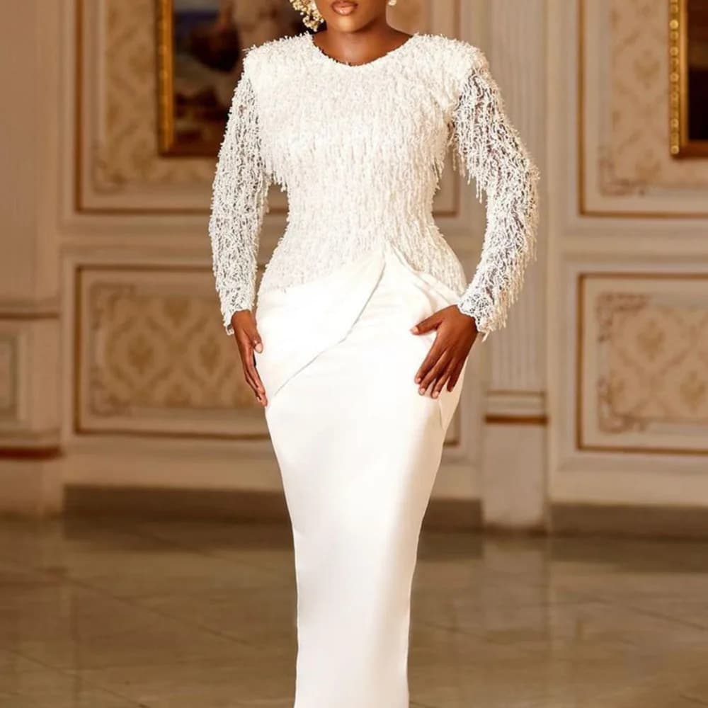 Woman Clothing New Style Commuting Lace Tassel Waist Cinched Long Sleeved Floor Length Dress For Women Evening Party Dresses