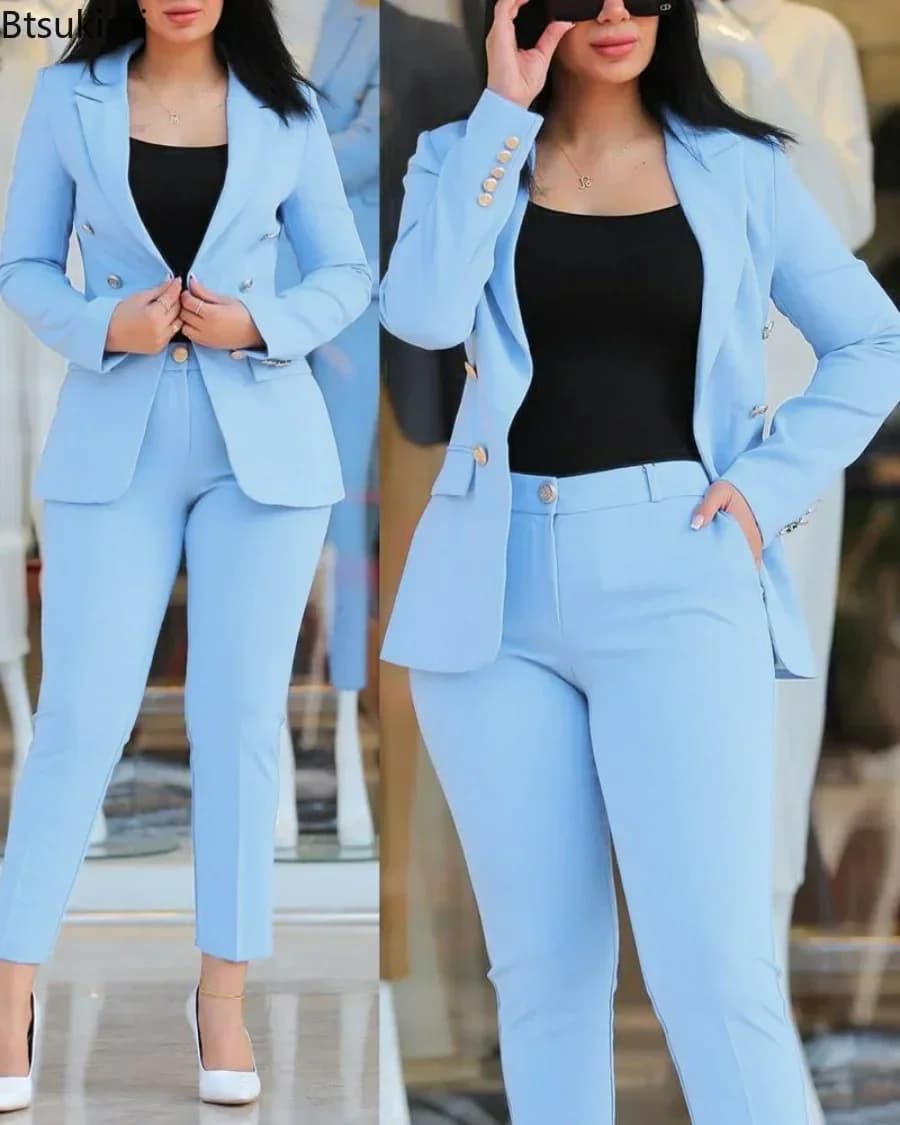 New 2025 Women's Formal Office Pant Sets 2PCS Double Breasted Solid Blazers Jacket and Pants Two Pieces Set Female Pant Suits