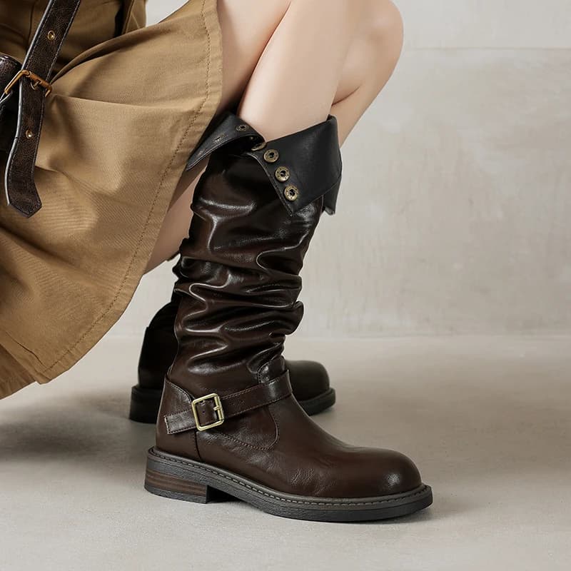 Flanged PU Metal Button Instep Belt Buckle Slip-On Punk Style Knight Boots Anti Slip Sole Breathable Commuting Office Knee Boots