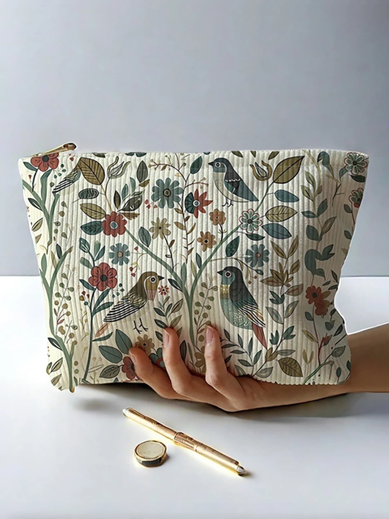 1pc，Branch bird pattern corduroy zipper makeup bag, lightweight and multifunctional cosmetic storage bag