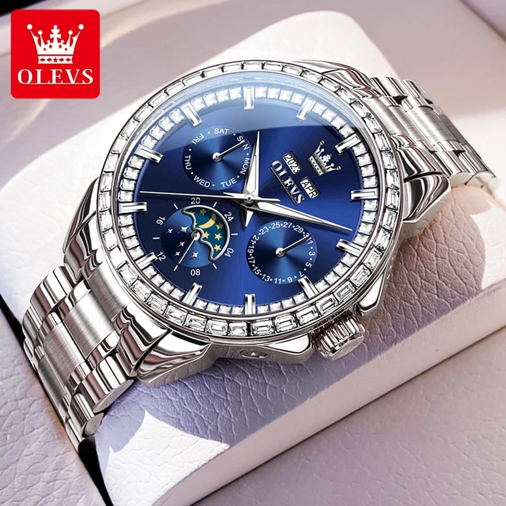 OLEVS Men's Watches Casual Business Original Automatic Mechanical Watch for Man Calendar Week Moon Phase Waterproof Luminous