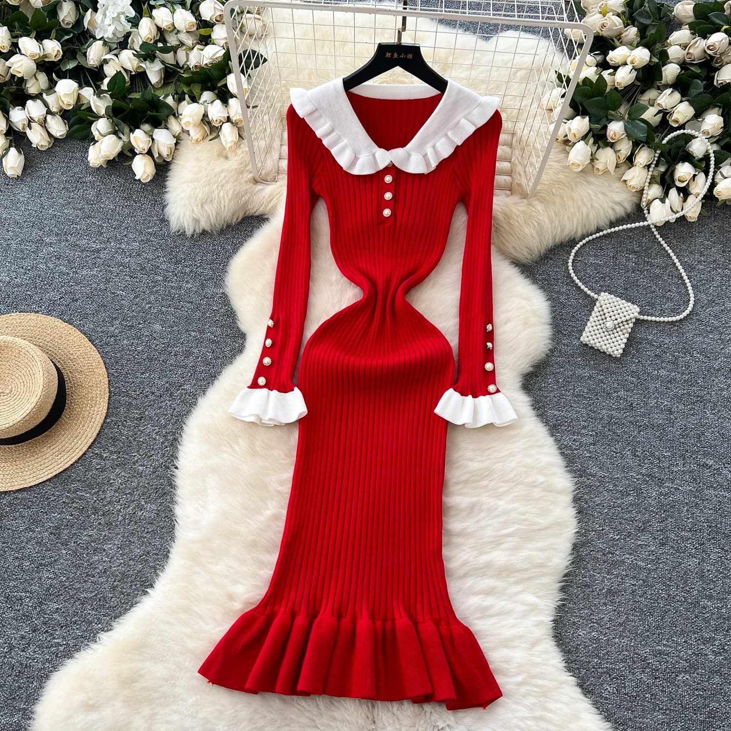 2024 Autumn New Retro Elegant Contrast Color Loose Long Sweater Dress Women Fashion A-line Long Sleeve Dress Wholesale J521
