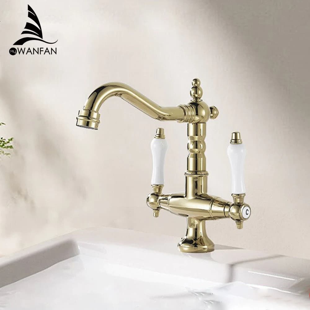 Basin Faucets Gold Brass Bathroom Faucets Industrial Style Sindle Hole Dual Handle Contemporary Water Mixer Tap  85537