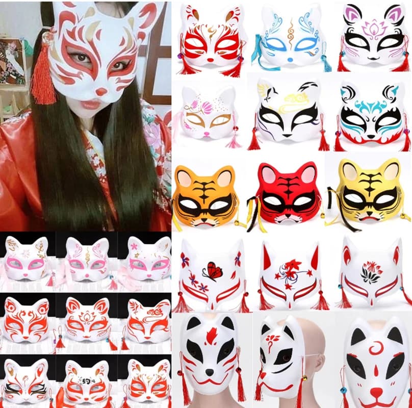 Fox Mask Japanese Cosplay Mask Half Face PVC Kabuki Kitsune Masks Masquerade Anime Cosplay Cat Mask Rave Festivals Party Props