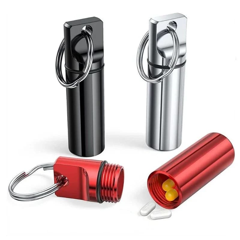 Aluminum Waterproof Pill Box Cases with Sealed Storage, Flat Head, Round Alloy Cartridge and Keychain for Vitamin Fish Oils